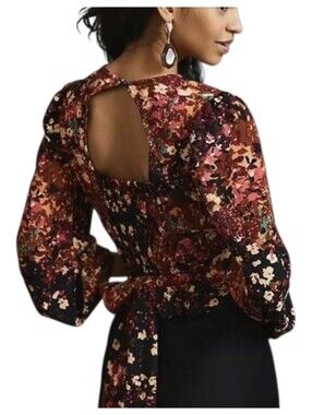 Anthropologie Boho Open Back Blouse Size Large Petite Long Sleeve Waist Tie
